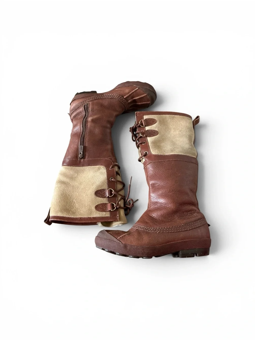 Ugg belcloud leather duck waterproof boots brown and beige leather lace up snow